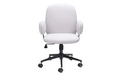 an office chair with wheels and white upholstered fabric on the back, viewed from the front