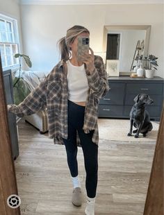 Fall Style For Moms, Oversized Flannel Dress, Marshalls Fall Outfits, Fall Courderoy Outfit, Clog Outfits Winter, Casual October Outfits, Winter Dress With Leggings, Cute Kickback Outfits, Cute Brown Fall Outfits