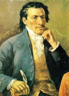 an oil painting of a man in a blue suit and white shirt holding a pen