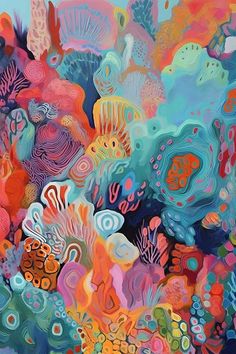 an abstract painting of colorful corals and seaweed in blue, pink, yellow, orange