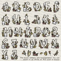 the alphabet is made up of plants and letters that are outlined in doodle style