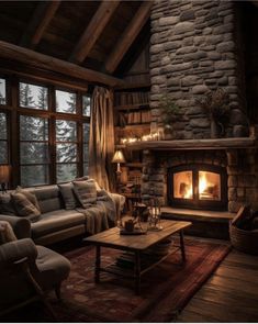 a living room filled with furniture and a fire place in the middle of a room