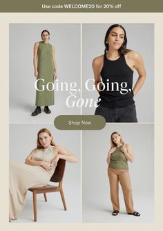 a woman in black top and tan pants with the words going going gone shop now