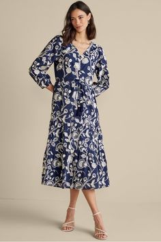 A functional drawstring lets you adjust the neckline of this versatile midi dress, which is wrapped in romantic floral embroidery and and finished by 3/4-length puff sleeves. Soft Surroundings Dresses, Dark Green Dress, Embroidered Midi Dress, V Neck Midi Dress, Midi Dress Casual, Sweater Dress Midi, Black Long Sleeve Dress, Blue Midi Dress, Soft Surroundings