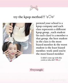 a girl with her hands on her face and the words try the kpop method