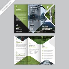 a green and black tri fold brochure with an image of trees in the background