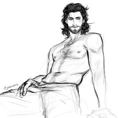 a drawing of a man with long hair and no shirt sitting on a bed looking at the camera