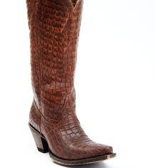 Croc Print, Full-Grain Leather 13.5" Shaft Snip Toe Leather Lining Cushioned Footbed Double Rose Scallop Leather Outsole Western Heel Worn Twice For Photoshoot Brown Knee-high Heeled Boots For Rodeo, Fitted Western Brown Knee-high Boots, Brown Mid-calf Western Heeled Boots, Brown Western Ankle-high Boots, Double Rose, Brown Western Knee-high Boots With Snip Toe, Croc Print, Shoes Heels Boots, Western Boots