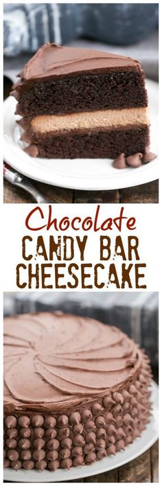 chocolate candy bar cheesecake on a white plate with the text overlay that reads chocolate candy bar cheesecake