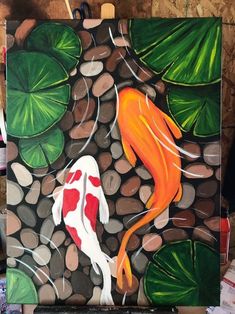 an acrylic painting of two koi fish in a pond