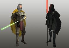 three different types of star wars characters standing side by side with lightsabens in their hands