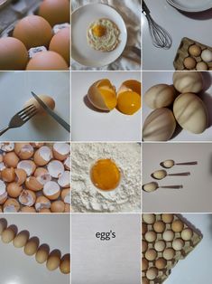 an assortment of eggs and utensils are shown in this collage with the words egg's egg written on them