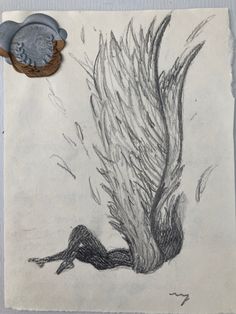 a drawing of a bird with feathers on it's back and an object in the background