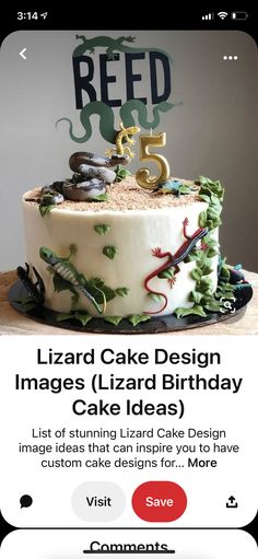 a cake that is sitting on top of a table with the words lizard cake design