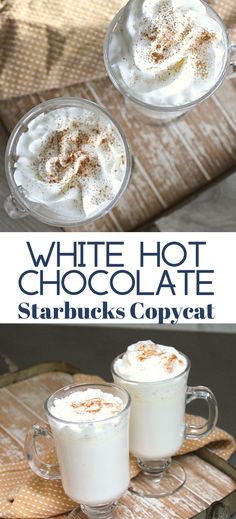 white hot chocolate with starbuck's copycat in two glasses on a tray