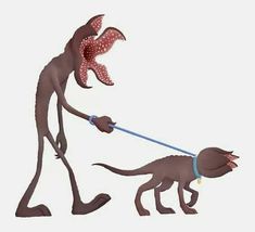 an alien is pulling a dog on a leash with it's mouth wide open