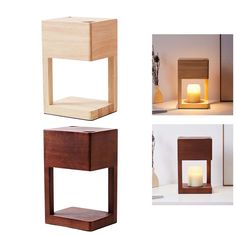 three different types of wooden candle holders and one with a lit candle in the middle