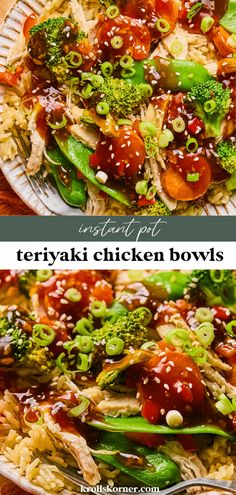 two plates filled with stir fry chicken and broccoli covered in teriyaki sauce