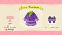 an animal crossing character is wearing a purple dress and green scarf, with the name scooby doo dahne on it