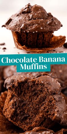 chocolate banana muffins stacked on top of each other with the words chocolate banana muffins above them