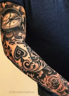 a man with a clock and roses tattoo on his arm