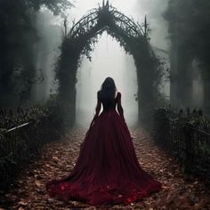 a woman in a long red dress is walking through the woods on a foggy day