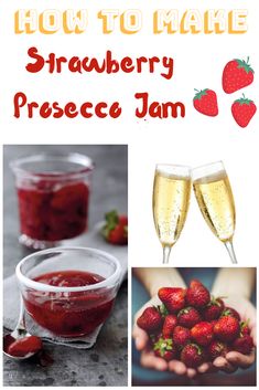 how to make strawberry pessece jam with pictures and text overlaying it