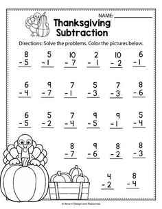 the thanksgiving subtraction worksheet for students to practice addition skills and printables