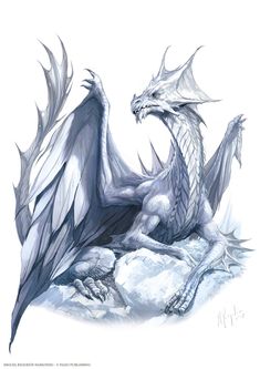 a drawing of a white dragon sitting on top of a snow covered rock with its wings spread