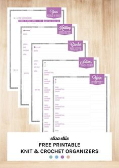 five printables for knitting and crochet organization on a wooden background with the text, clean bliss free printable knit & crochet organizer