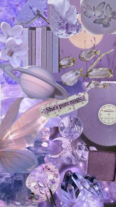 a collage of purple and white items with words above them that read she's pure magic