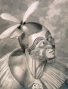 a drawing of a man wearing a mask with feathers on his head and an eye patch