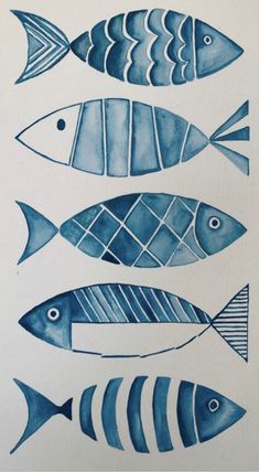 three blue fish are shown in this watercolor painting on paper, and one is painted with