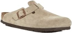 Classic Beige Clogs With Rubber Sole, Casual Beige Outdoor Clogs, Casual Beige Clogs For Outdoor, Classic Slip-on Mules For Outdoor, Classic Outdoor Mules With Cushioned Footbed, Classic Outdoor Clogs With Cushioned Footbed, Boston Clogs, Birkenstock Men, Suede Slides