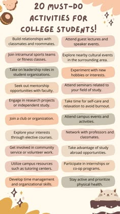 a poster with the words 20 must - do activities for college students