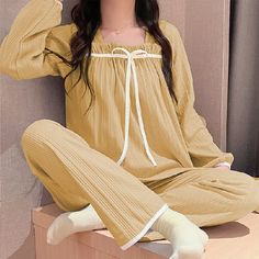 Color: Yellow, Size: L Korean Pijama, Yellow Pajamas Aesthetic, Korean Fashion Pajamas, Cute Pajamas For Women Korean, Kawaii Cotton Sleepwear For Spring, Yellow Pajamas, Kawaii Pajamas, Purple Pajamas, Cottage Dress