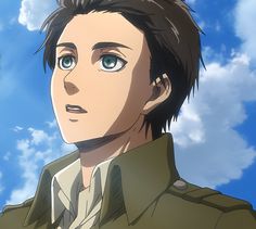 an anime character looking at the camera with blue skies behind him and clouds in the background