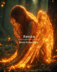 an angel sitting in the middle of a forest filled with fire and text that reads, kerna born from fire