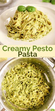 creamy pesto pasta in a white bowl with basil leaves on top and another photo of the dish