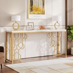 a white and gold console table in a living room