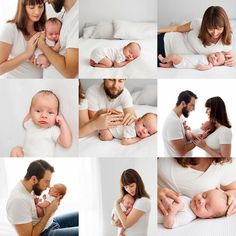 a man and woman are holding their baby in the middle of different photos, while they look at each other's eyes