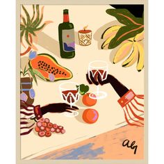 two people toasting at a table with fruit and wine