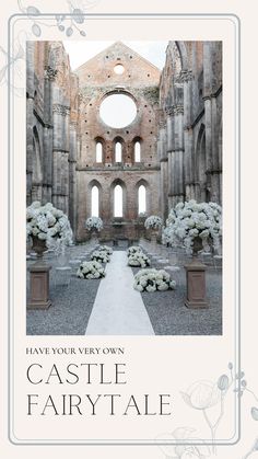 an advertisement for castle fairy tale with white flowers in the foreground and stone ruins in the background