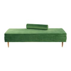 a green daybed with wooden legs and a sheet on it's end, in front of a white background