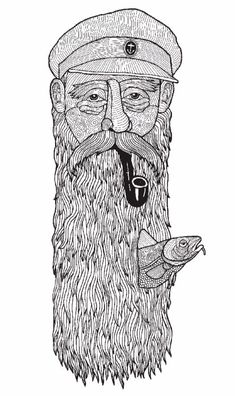 an ink drawing of a bearded man with a pipe in his mouth and a hat on