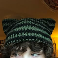 STRIPED CAT HAT Cat Beanies Aesthetic, Green Cat Hat Crochet, Beanie Cat Hat, Cat Binie Hat, Cat Hat Beanie Crochet, How To Knit A Cat Hat, Crochet Striped Cat Beanie, Crochet Cat Hat Beanie Free Pattern, Cat Knit Hat