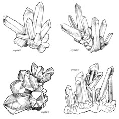 four different types of crystals are shown in black and white, with the names above them