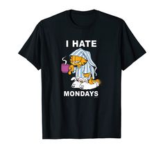 a black t - shirt that says i hate mondays with an orange cat drinking coffee