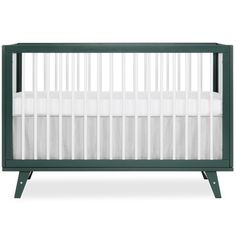 a green crib with white sheets on the bottom and side rails, against a white background