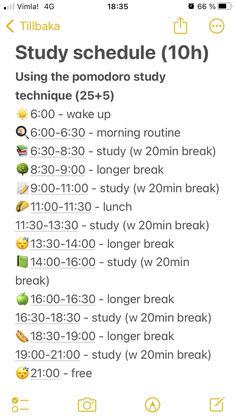 the text reads study schedule 10h using the pomodor study technique